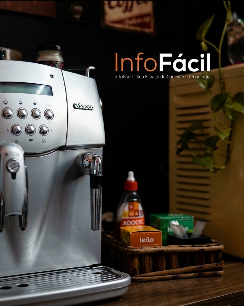 Máquina de café expresso Saeco da Info Fácil — cortesia para os clientes durante o atendimento