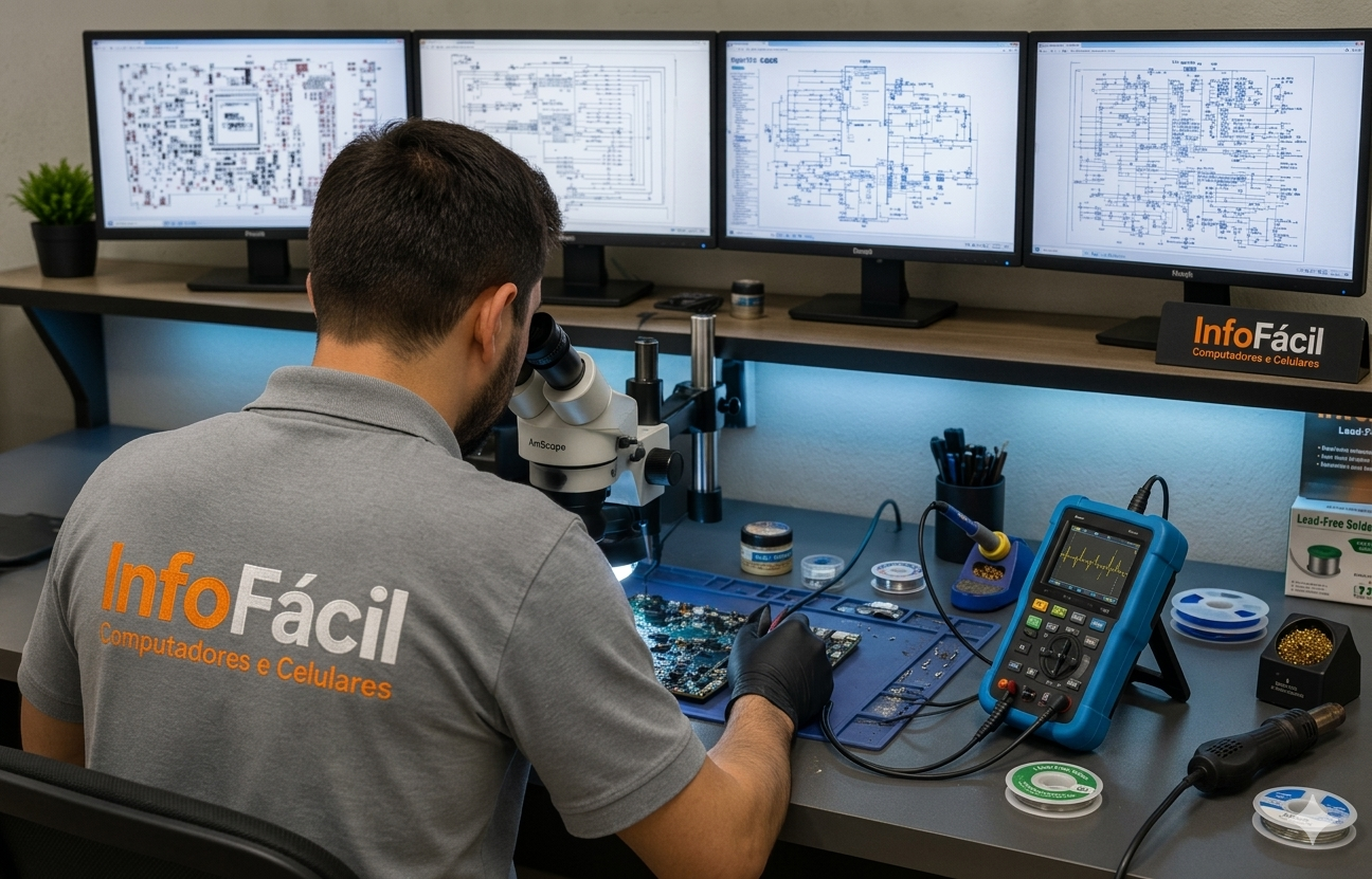 Técnico da Info Fácil analisando placa-mãe ao microscópio de precisão no laboratório eletrônico profissional
