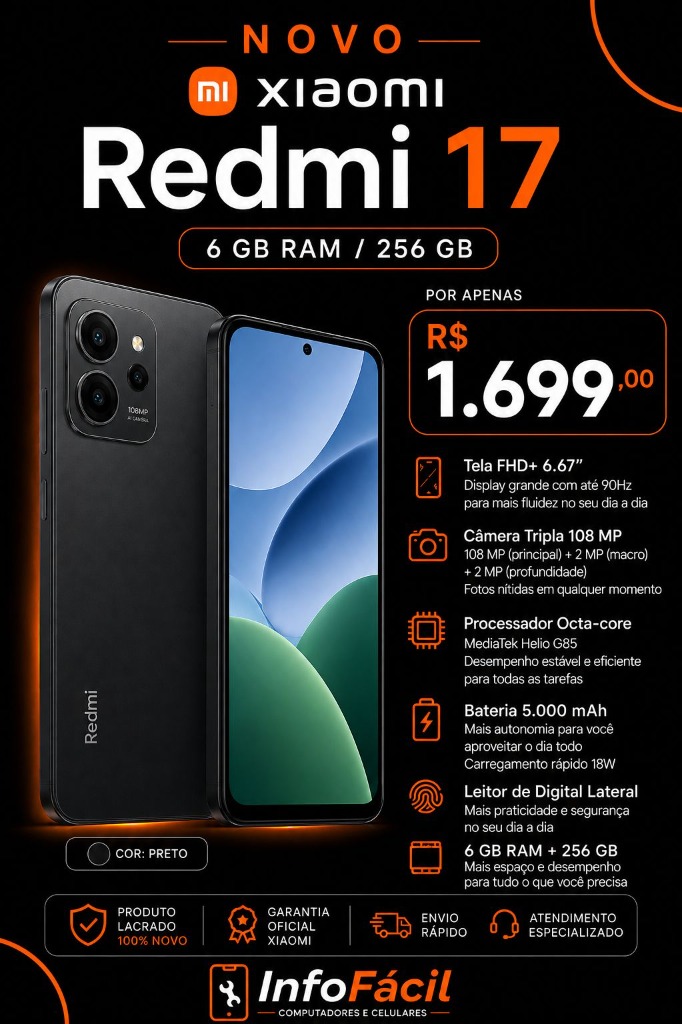 Xiaomi Redmi 17 6GB/256GB Preto Lacrado na Info Fácil